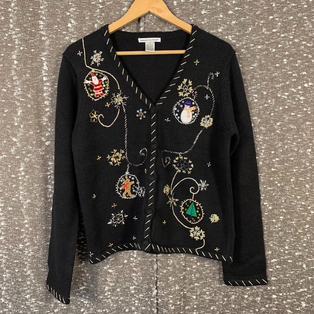 Vintage Reference Point Beaded‎ Snowman Cardigan Sweater Women's Medium